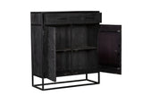 Kast met open deuren en legplanken, zwart/grijs houtlook en metalen onderstel.