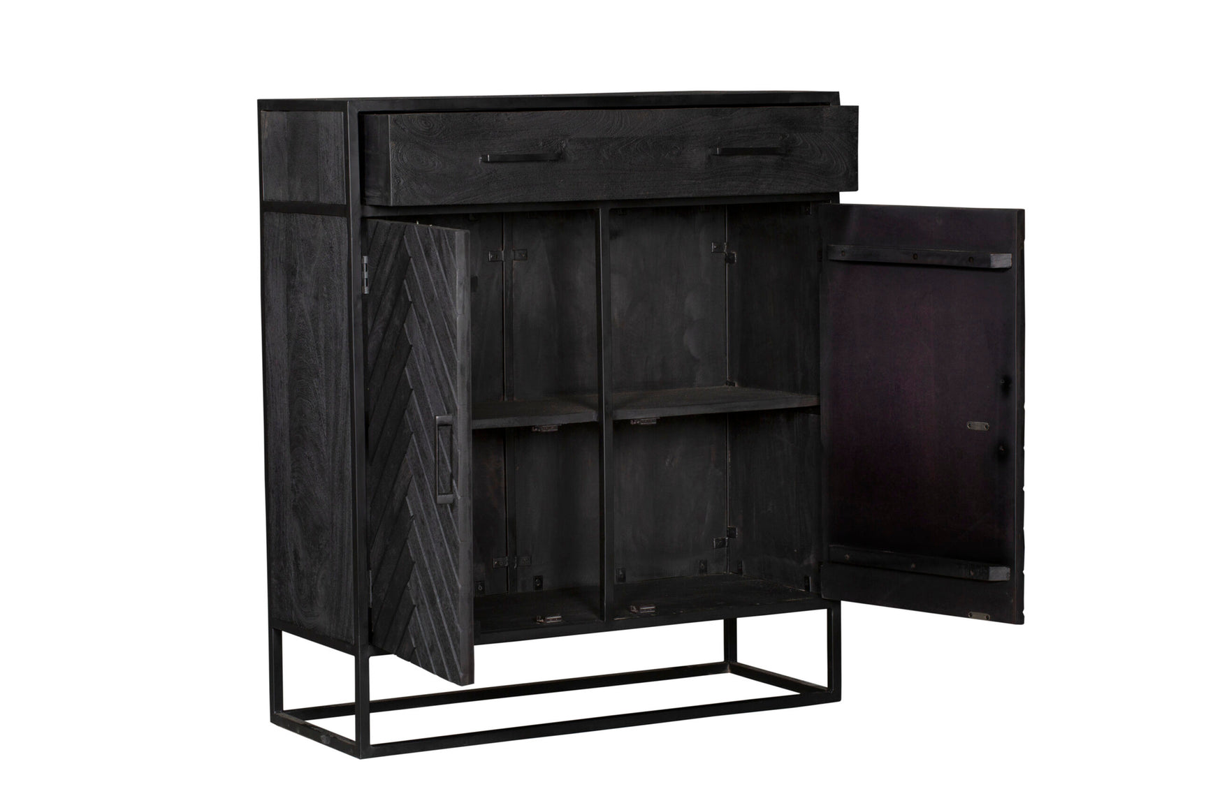 Kast met open deuren en legplanken, zwart/grijs houtlook en metalen onderstel.