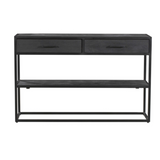 Sidetable console met 2 lades, open plank eronder en zwart metalen onderstel