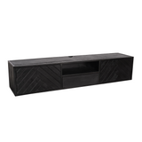 Zwevend tv-meubel donker hout met open middenvak en opbergvakken, schuine decorstructuur.