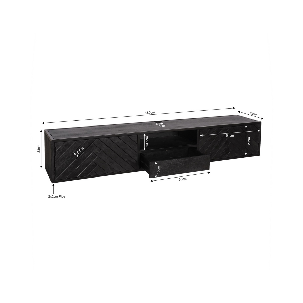 Zwevend tv-meubel New York afmetingen 180×50×34 cm, open vak en lade, donker