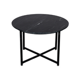 Ronde salontafel met zwart gemarmerd blad en kruispoot onderstel van zwart metaal.