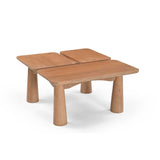 Houten salontafel met gesplitst blad en brede poten, lichtbruine houtnerf, 4 steunpunten
