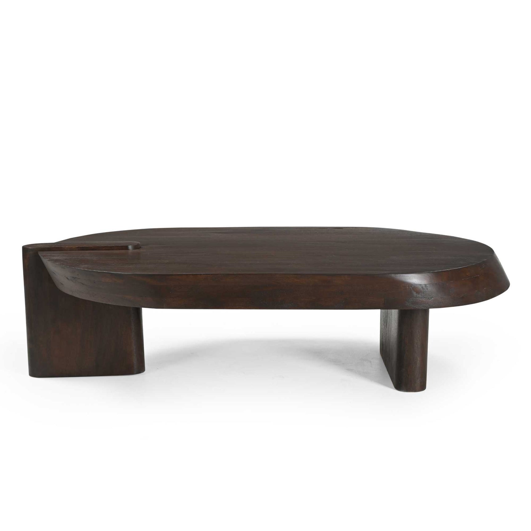 Houten salontafel met ovaal blad en twee blokpoten, donkerbruin