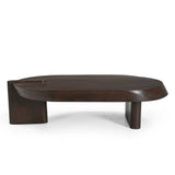 Houten salontafel met ovaal blad en twee houten blokpoten, donkerbruin