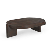 Houten salontafel met langwerpig ovaal blad en brede zijpoten, donkerbruin
