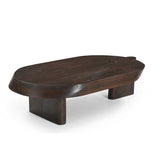 Houten salontafel met afgerond ovaal blad en lage zijsteunen, donkerbruin
