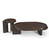 Houten salontafel met ovaal blad, twee blokpoten en bijzettafeltje, donkerbruin