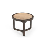 Bijzettafel met rond beige blad en donkerhouten poten, frontaanzicht