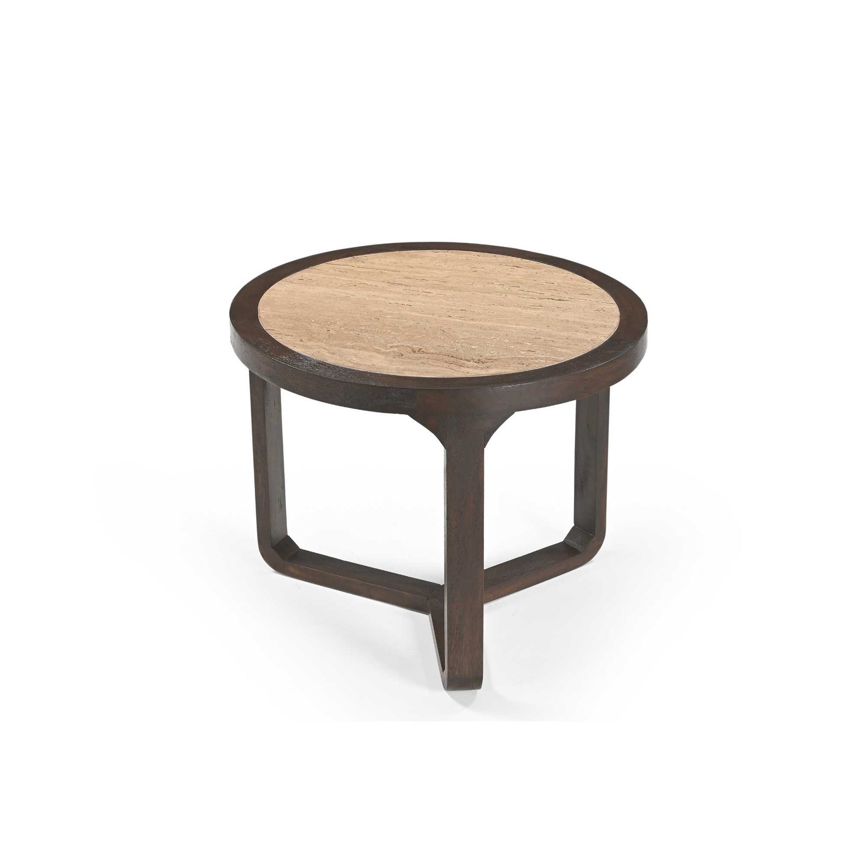 Bijzettafel met rond beige blad en donkerhouten poten, frontaanzicht