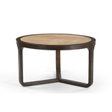 Ronde salontafel met licht houten blad en donkerbruine U-vormige zijbeugels