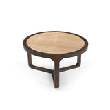 Ronde salontafel met licht houten blad en driepoot-achtig donker frame