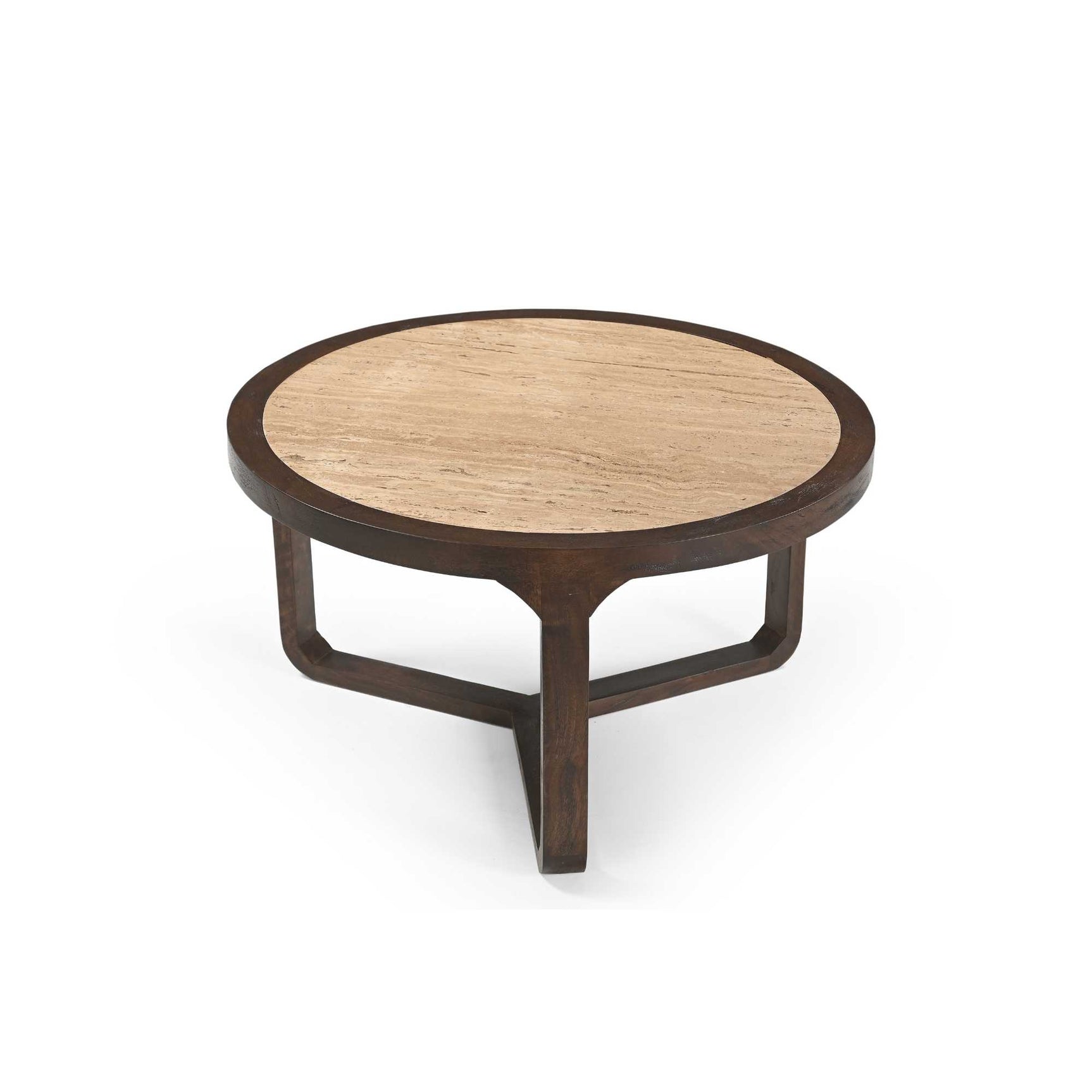 Ronde salontafel met licht houten blad en driepoot-achtig donker frame