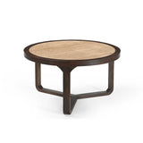 Ronde salontafel met licht houten blad en donkerbruine poten, open onderstel
