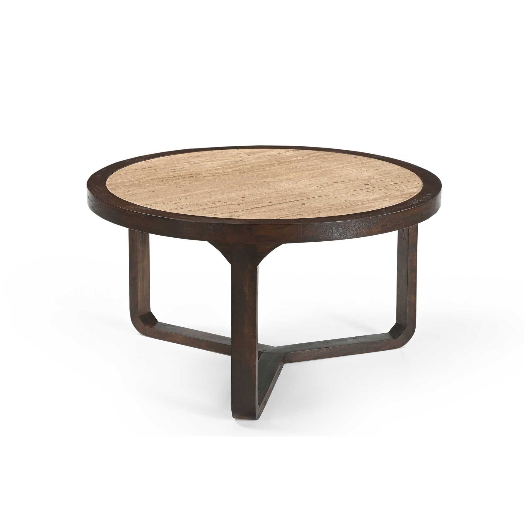 Ronde salontafel met licht houten blad en donkerbruine poten, open onderstel