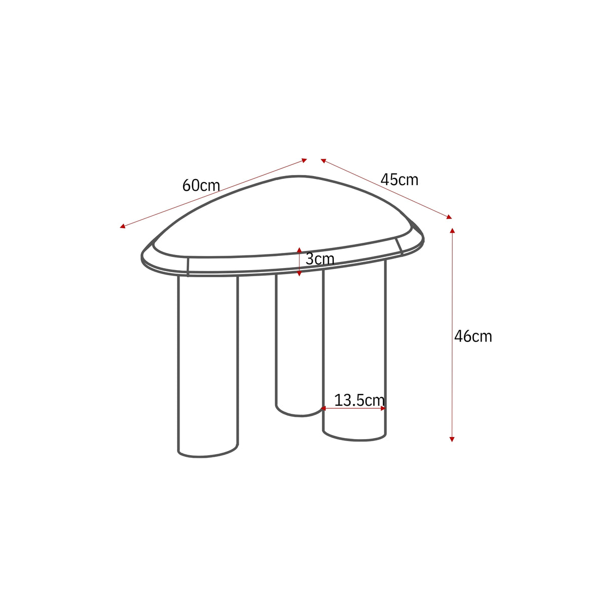 Technische tekening bijzettafel: 60 cm breed, 45 cm diep, 46 cm hoog, blad 3 cm dik