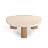 Ronde salontafel met licht marmeren blad en houten poot, beige