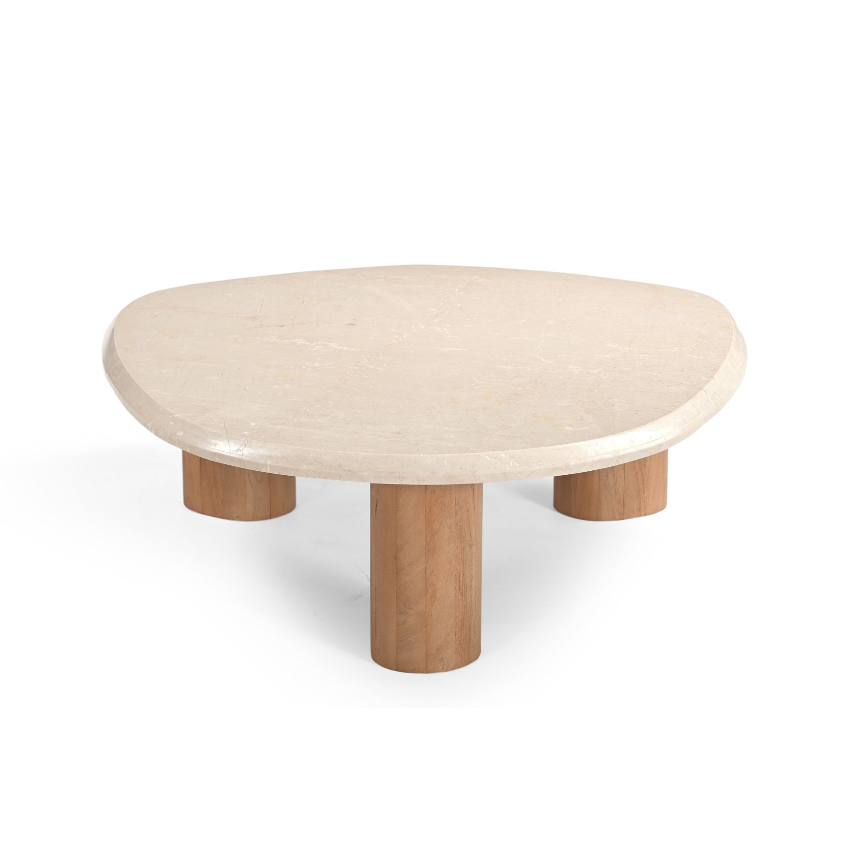 Ronde salontafel met licht marmeren blad en houten poot, beige