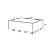 Rechthoekige salontafel met zwart frame en rechte zijkanten, ca. 80×80 cm, hoogte 40 cm.
