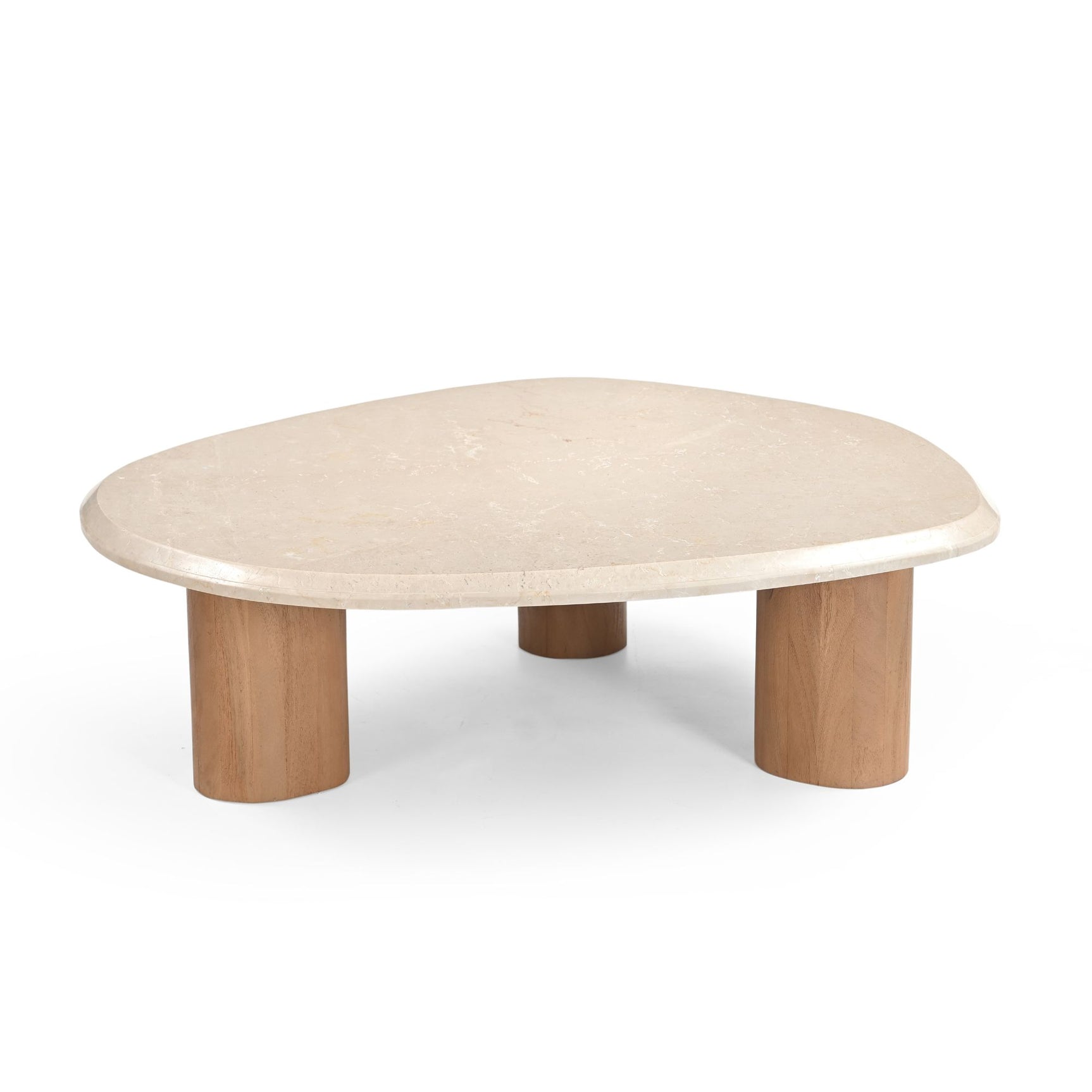 Ronde salontafel met licht marmeren blad en houten poten