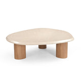 Ronde salontafel met licht marmeren blad en twee zichtbare houten poten