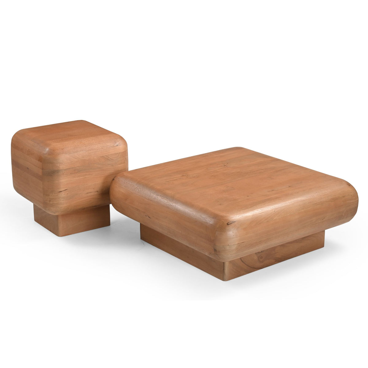 Houten salontafel met bijpassend poefje, afgeronde vormen