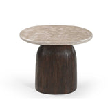 Bijzettafel met rond lichtbeige marmer-look blad en donkerbruine ribbelhouten voet
