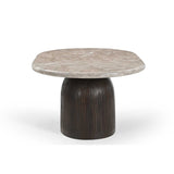 Ronde salontafel met licht marmeren blad en donker geribbelde poot, Ø90 cm
