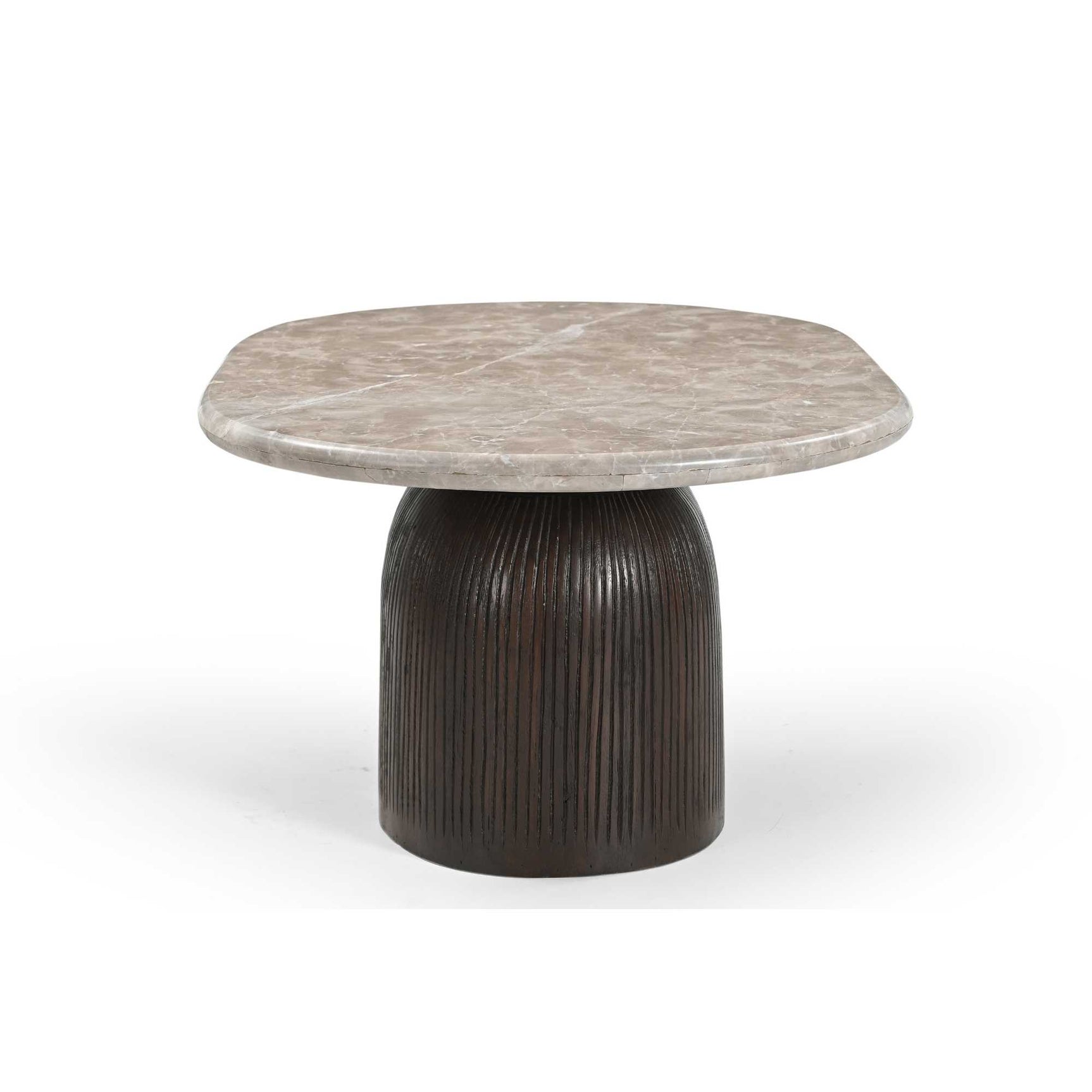 Ronde salontafel met licht marmeren blad en donker geribbelde poot, Ø90 cm