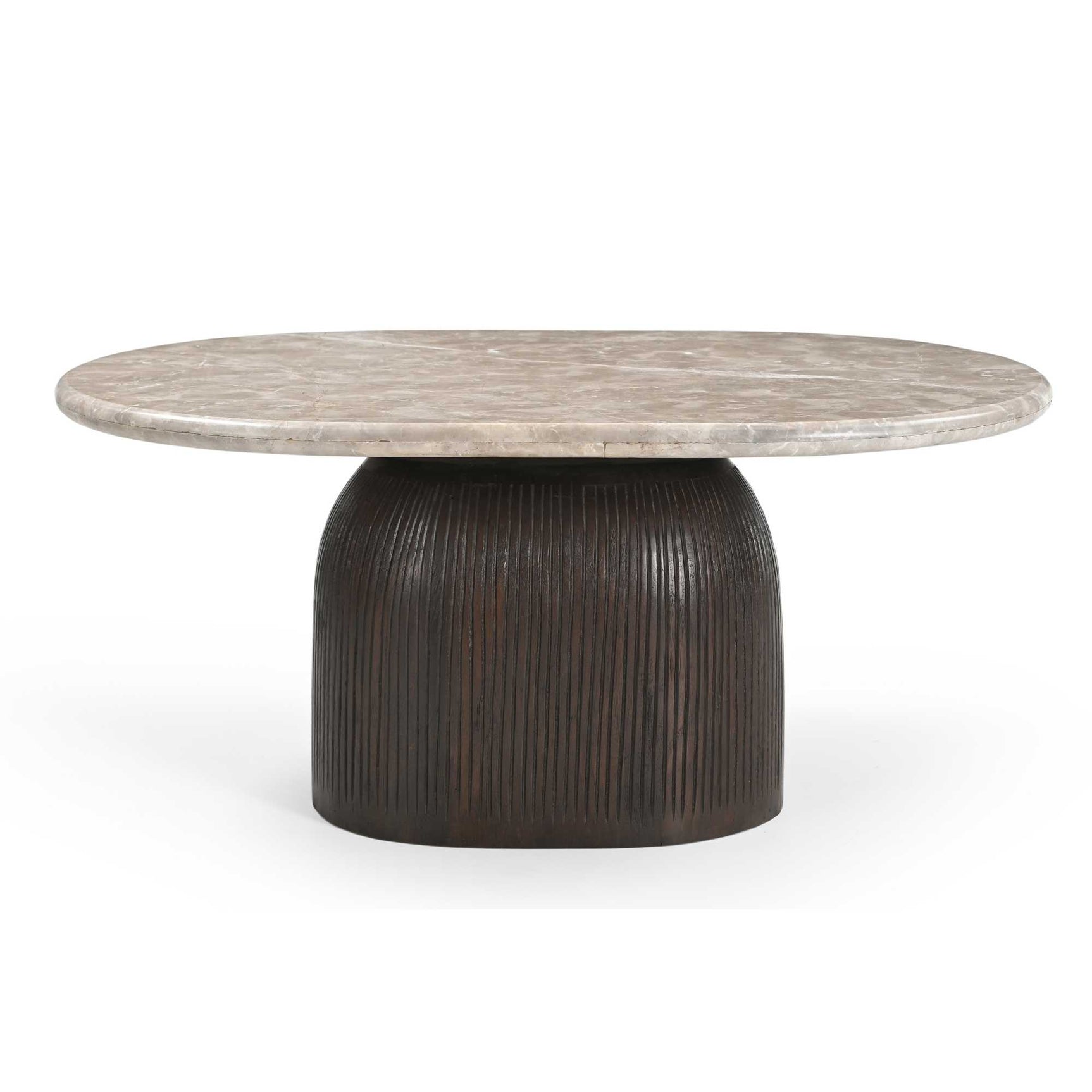 Ronde salontafel met licht marmeren blad en donker geribbelde cilinderpoot, Ø90 cm