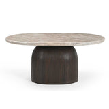 Ronde salontafel met licht marmeren blad en donker geribbelde poot met brede voet