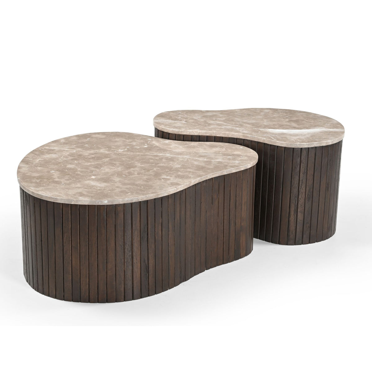 Set nesten salontafels met twee ronde marmerlook bladen en donkerhouten ribben