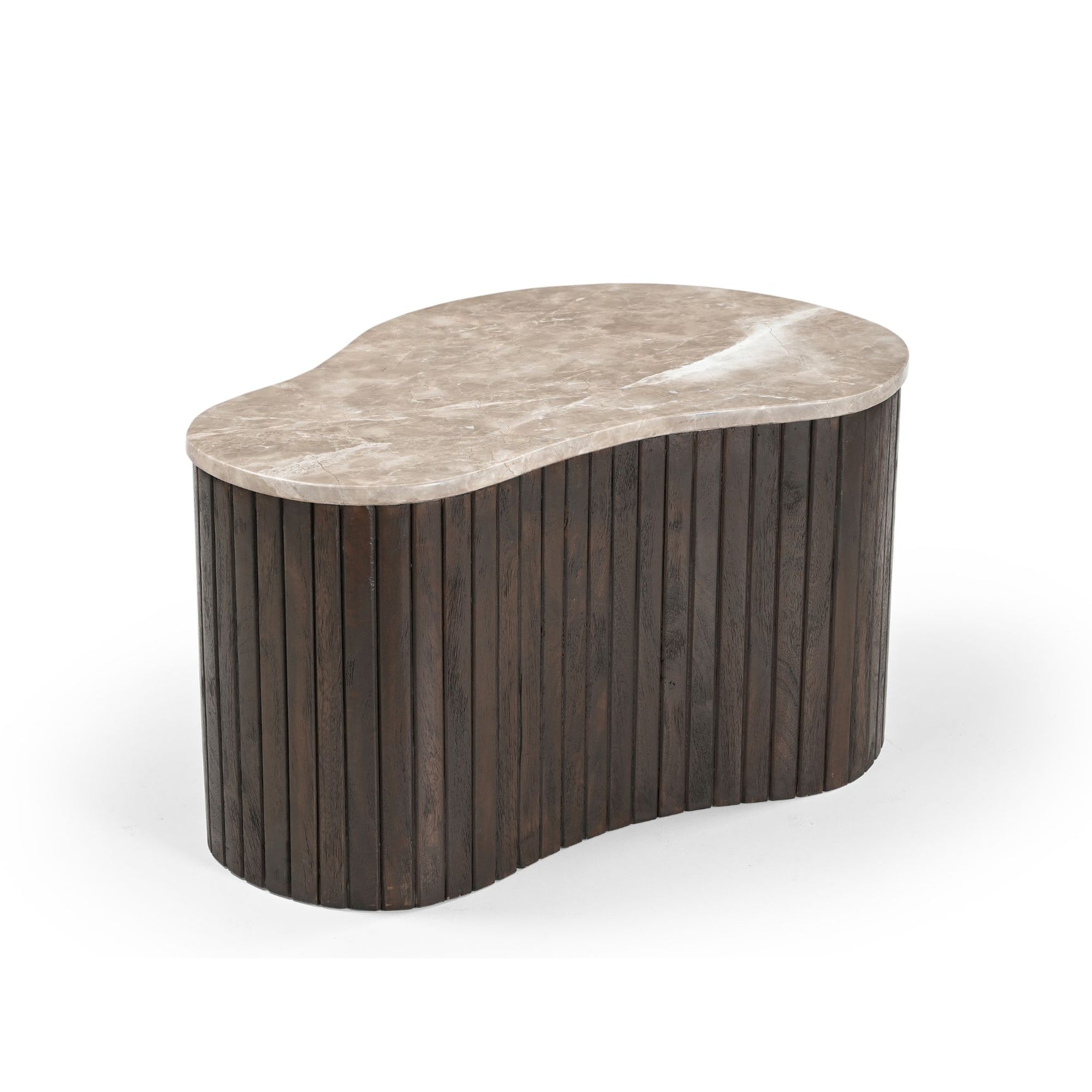 Salontafel met lichtbeige marmeren blad en donkere houten lamellen, ronde vorm