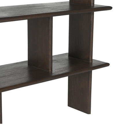 Wandkast van bruin mangohout met twee open legplanken en open middenvak
