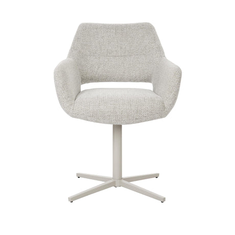 Draaibare eetkamerstoel met beige bouclé bekleding en ronde rug, op wit metalen kruisvoet