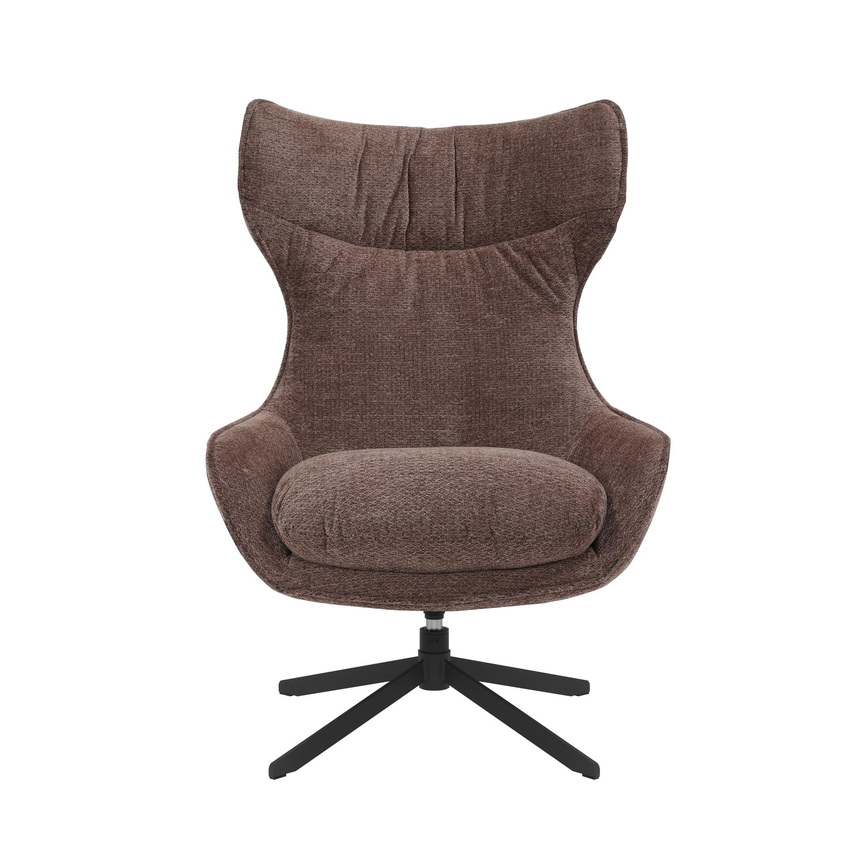 Paars fauteuil met hoge rug en ronde zitting, draaibaar op zwarte kruispootvoet.