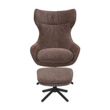 Paars fauteuil met hogere rug, rugdetails en zwarte draaivoet met kruispoten.