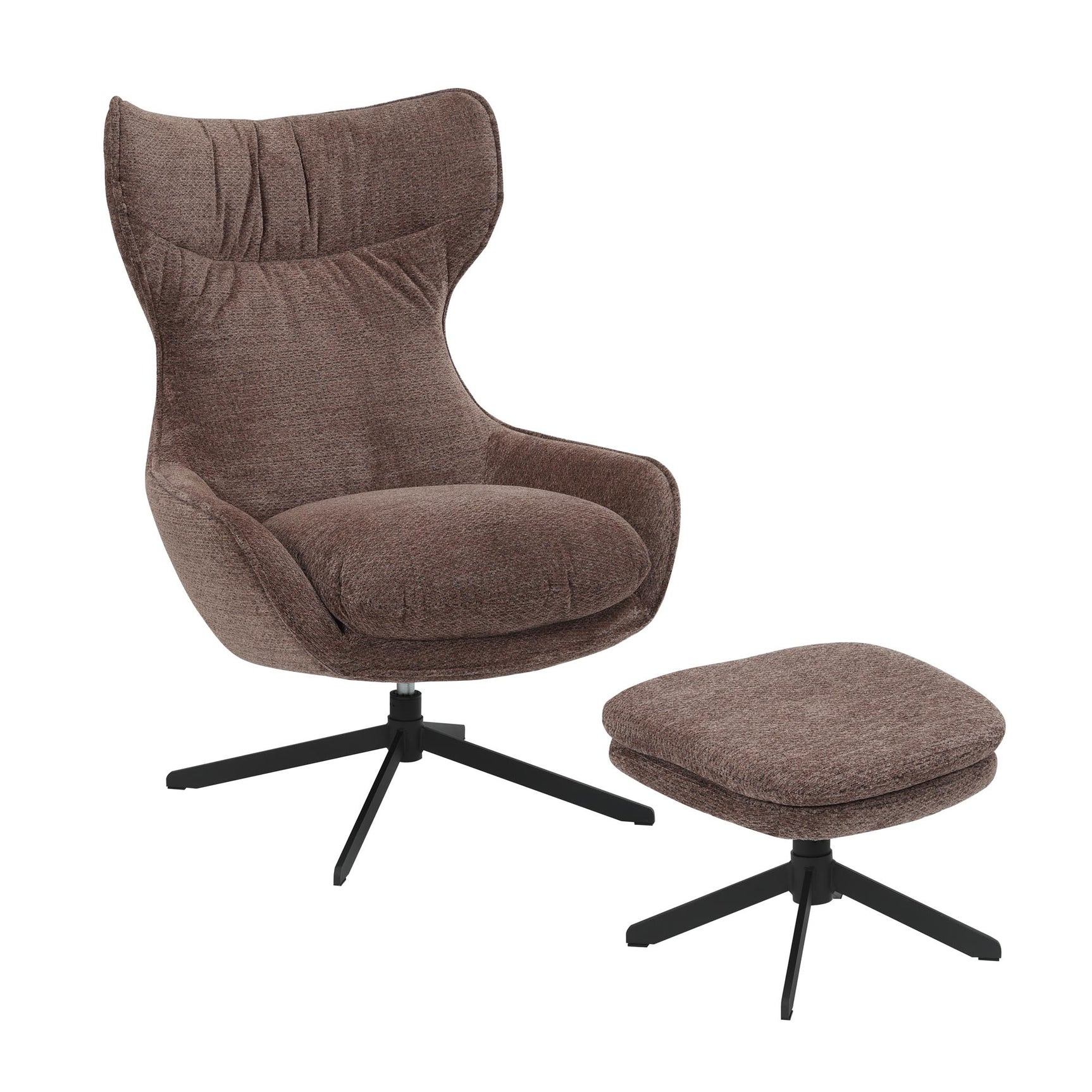 Paars fauteuil met hoge rug, zwarte kruispootvoet en poef met ronde zitting.