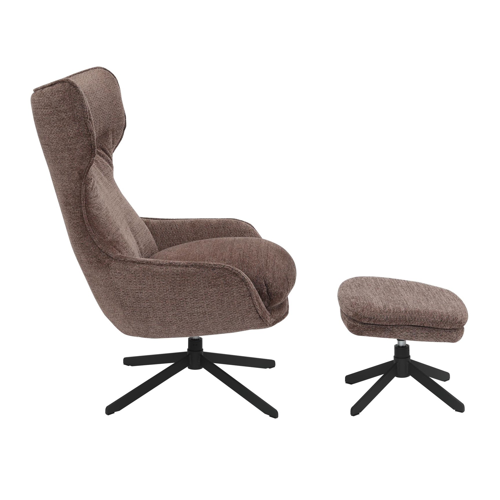 Paars fauteuil in zijaanzicht met gewatteerde armleuning en zwarte draaivoet; poef apart.
