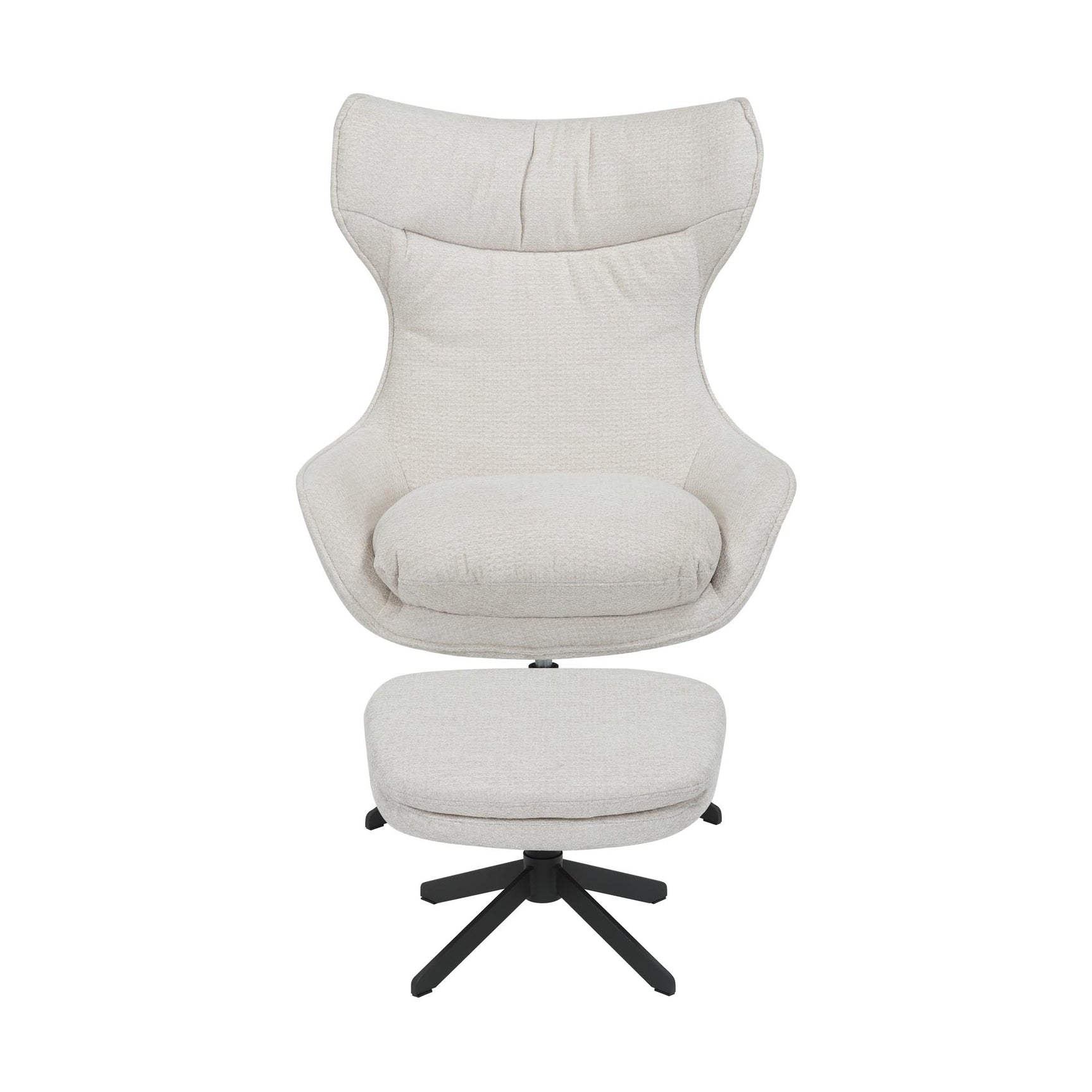 Fauteuil Olivia in gebroken wit met losse poef en zwarte draaipoten