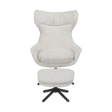 Fauteuil met hoge rug in gebroken wit en voetenkruk, draaibare zwarte pootbasis