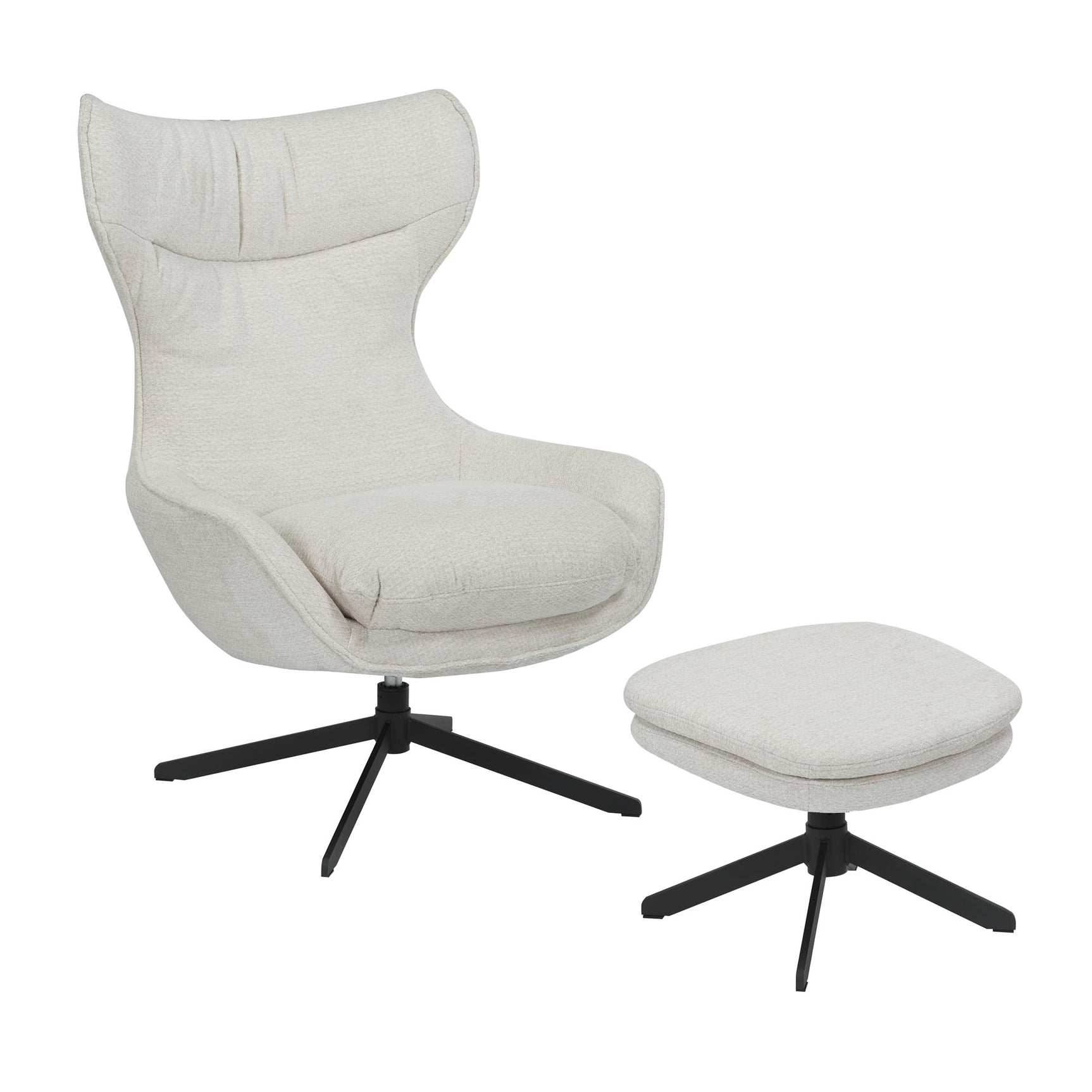 Fauteuil Olivia in gebroken wit met schuine armleuningen, poef en zwarte voet