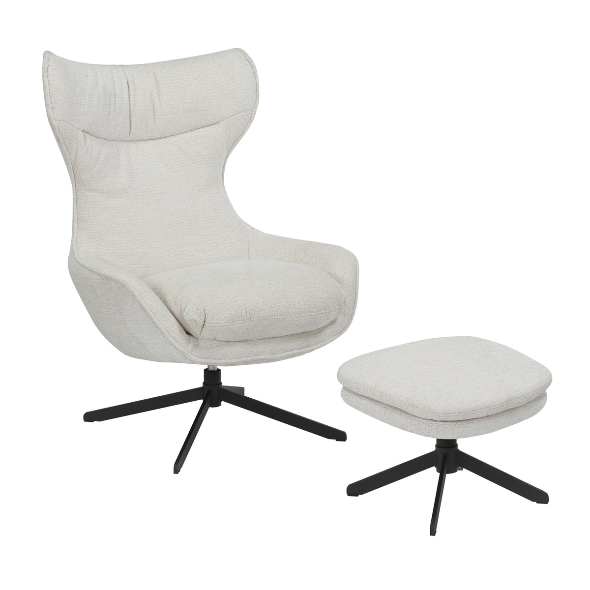 Fauteuil draaistoel in gebroken wit met voetenkruk en zwarte pootbasis