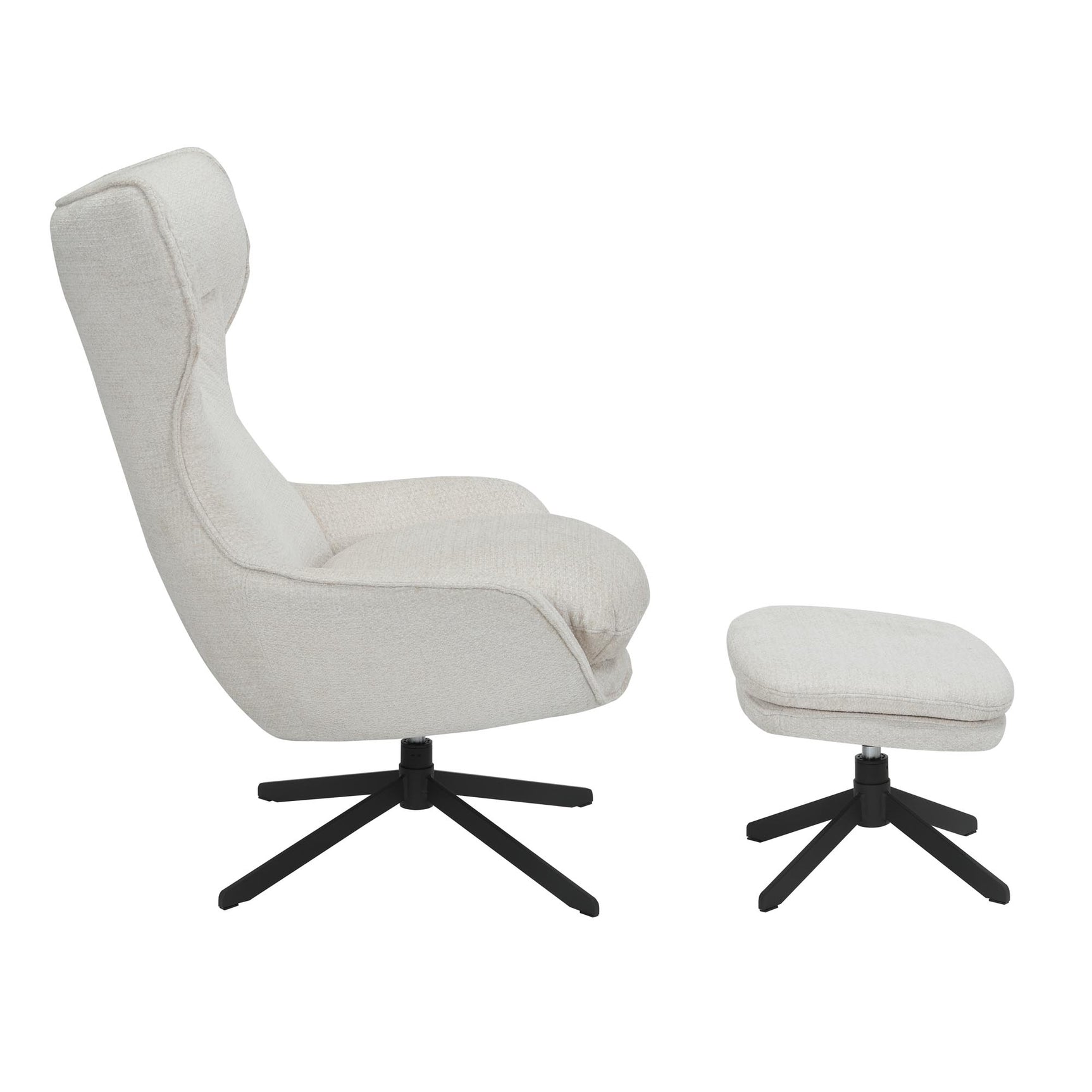 Fauteuil Olivia in gebroken wit met zwarte draaivoet en losse poef