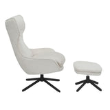 Fauteuil met hoge rug in gebroken wit en voetensteun op zwarte draaipoot