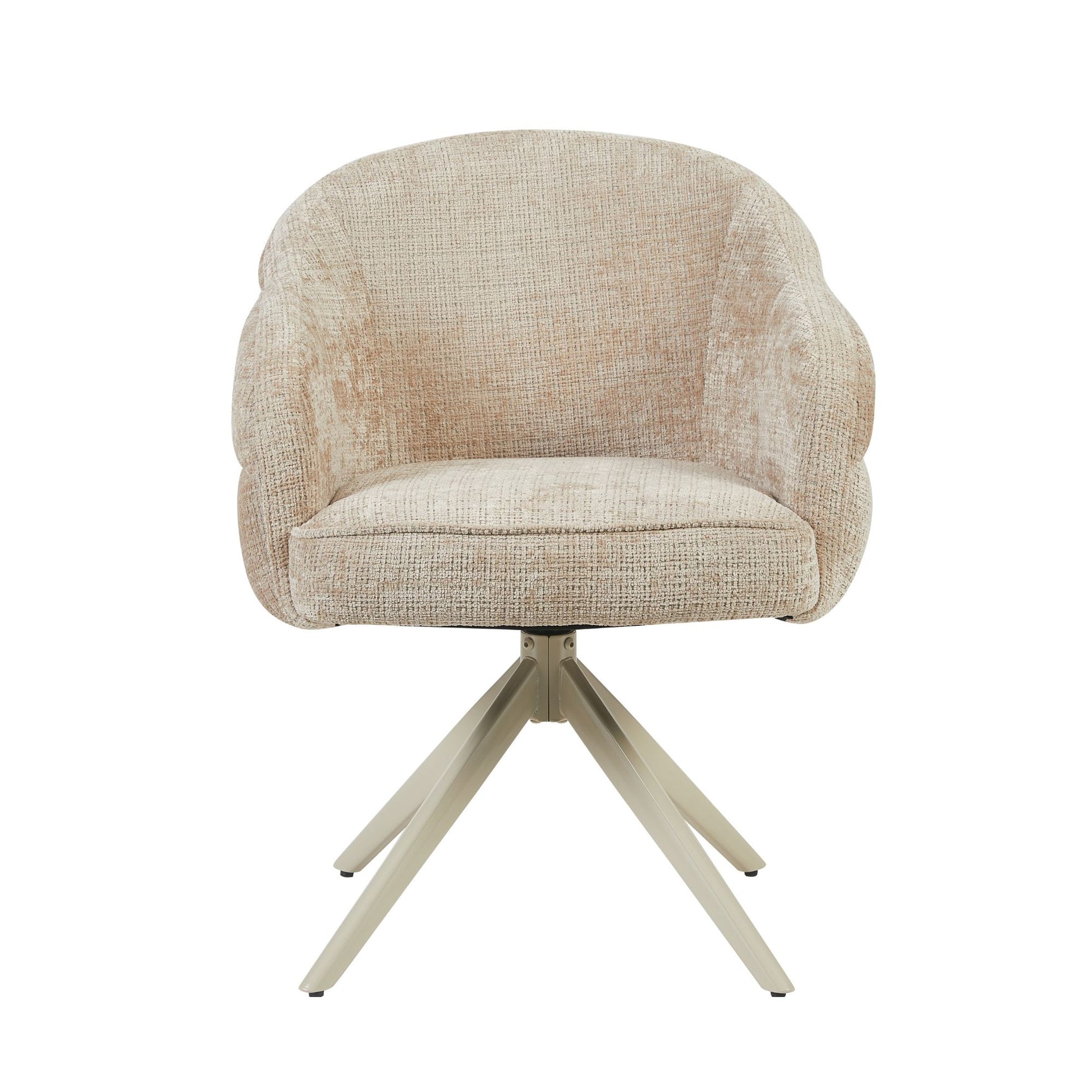 Eetkamerstoel met armleuningen, beige stoffen bekleding en 3-poot frame in zandkleur