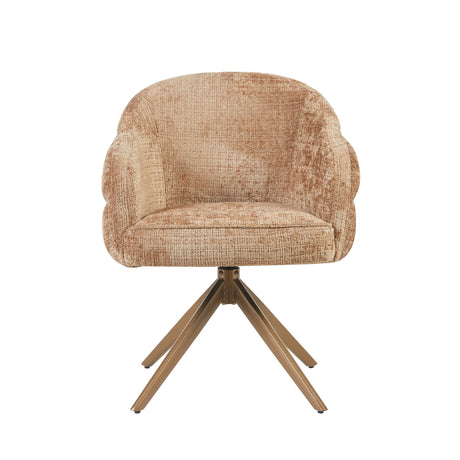 Eetkamerstoel met armleuningen, beige weefselstoffering en bronzen draaipoot met vijf poten.