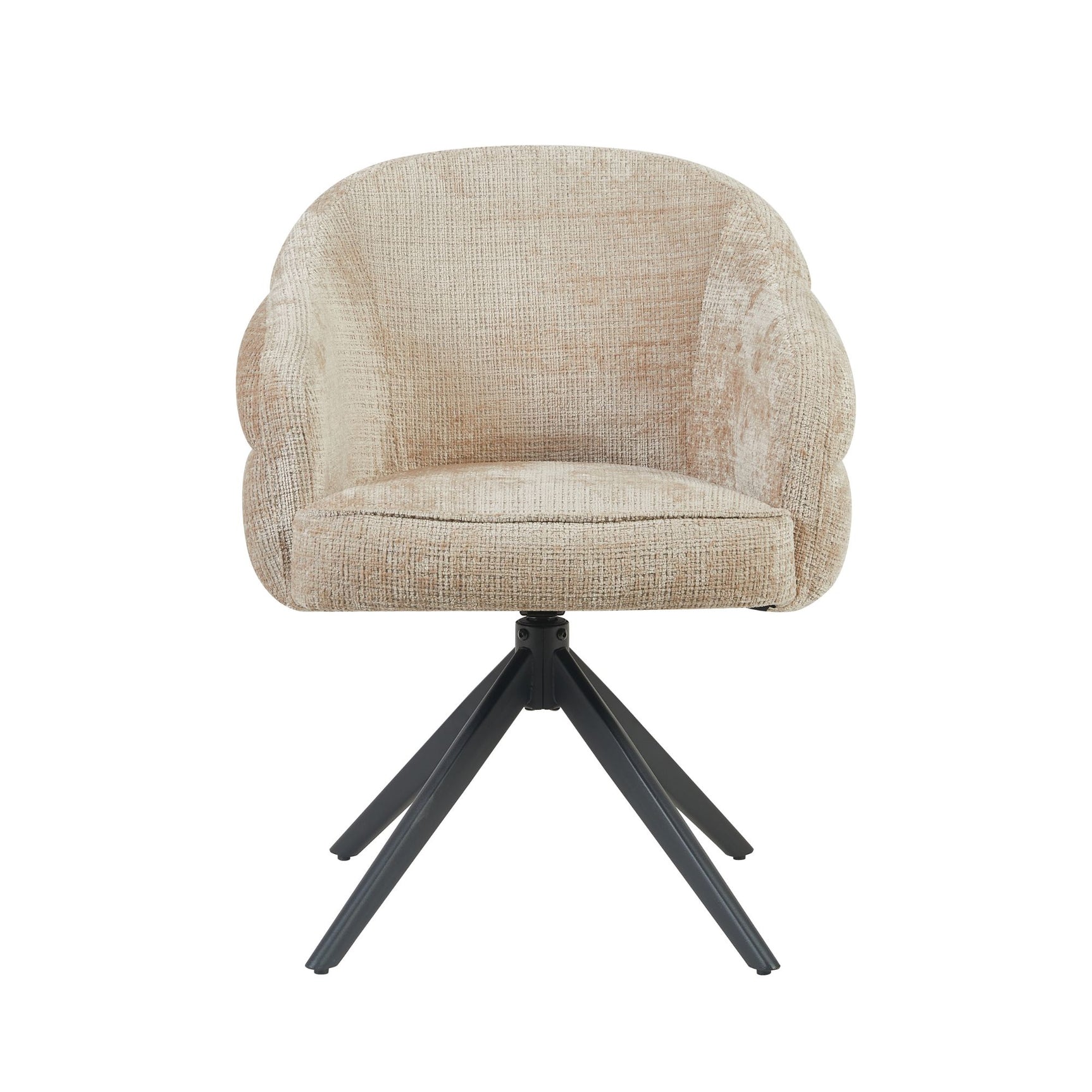 Beige eetkamerstoel met armleuningen en ronde rug, zwarte poten