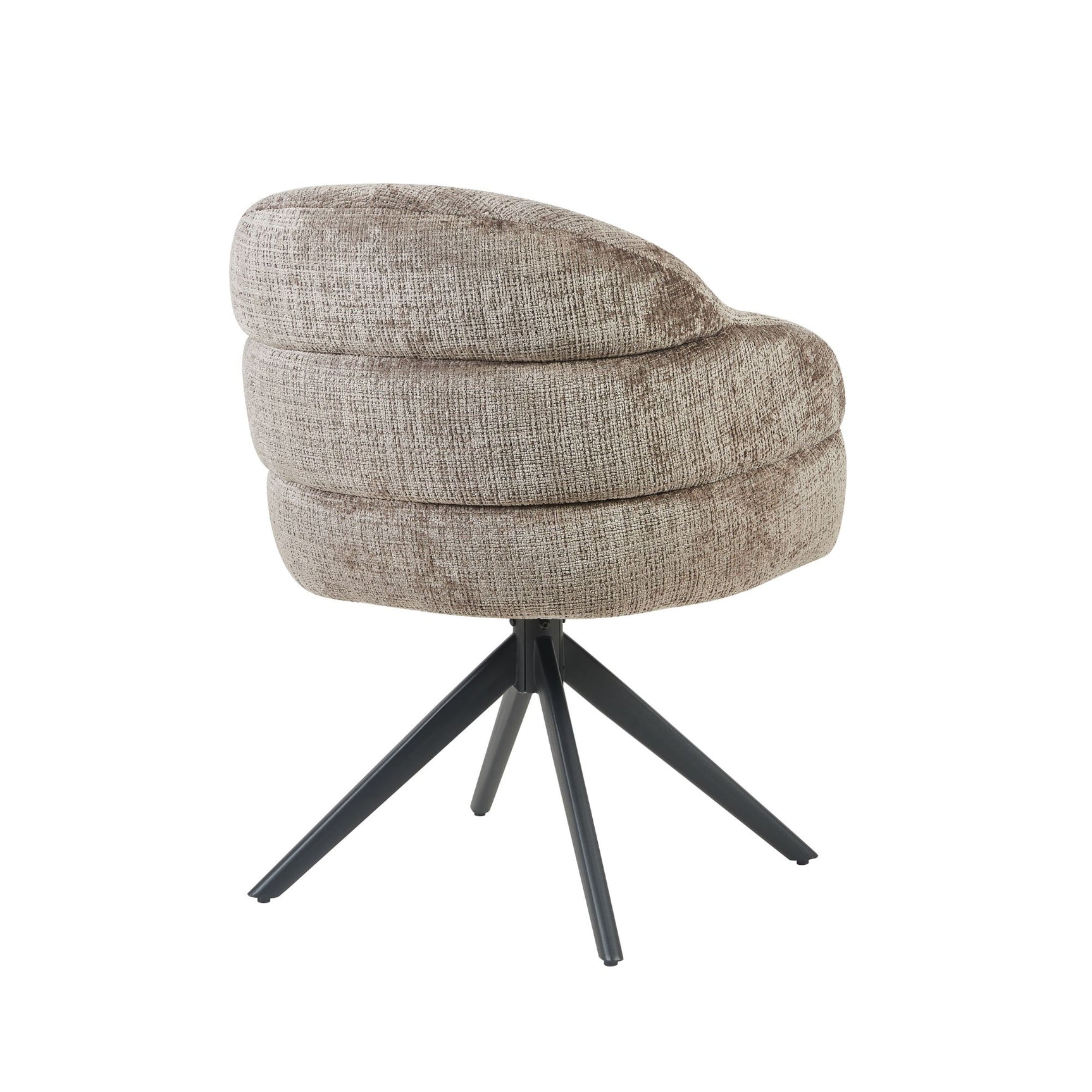 Eetkamerstoel met armleuningen, beige ronde rug en zwarte draaipoot