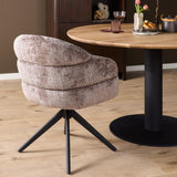 Eetkamerstoel met armleuningen, beige stoffering en zwarte draaipoot